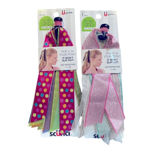 Scünci Ribbon Ponytail Holders |2-Pack | No-Slip Grip |Colorful & Glitter Styles - Picture 1 of 3
